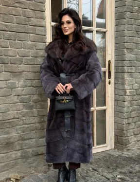 Удлиненная шуба из меха норки с капюшоном куница - фото 7