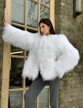 Шуба белая из меха ламы без воротника - фото 10