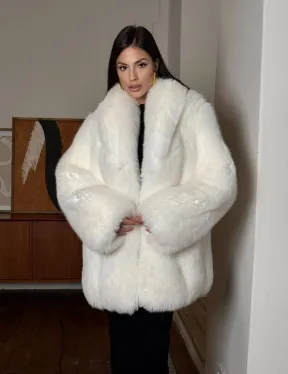 Белая шуба из меха лисы - воротник шаль - фото 8