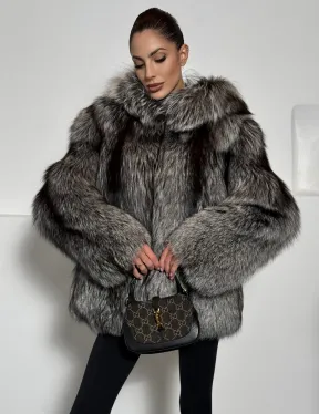 Полушубок из чернобурки с капюшоном цельные пластины - фото 4