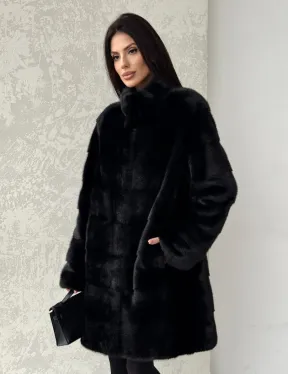 Норковая шуба в черном цвете воротник стойка - фото 0
