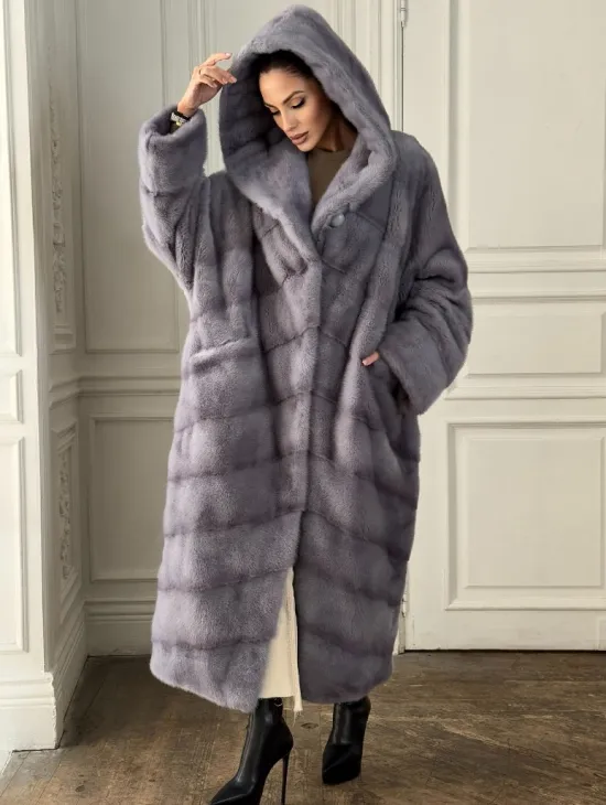 Длинная голубая норковая шуба с капюшоном PLUS SIZE - фото 1