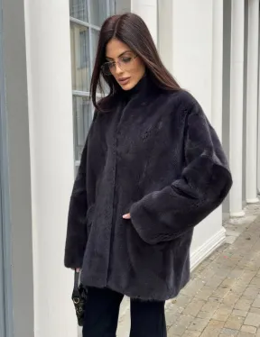 Графитовый норковый жакет с V-образным воротником - фото 1