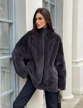 Графитовый норковый жакет с V-образным воротником - фото 12
