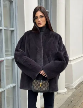 Графитовый норковый жакет с V-образным воротником - фото 10