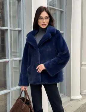 Синий норковый полушубок с английским воротником - фото 7
