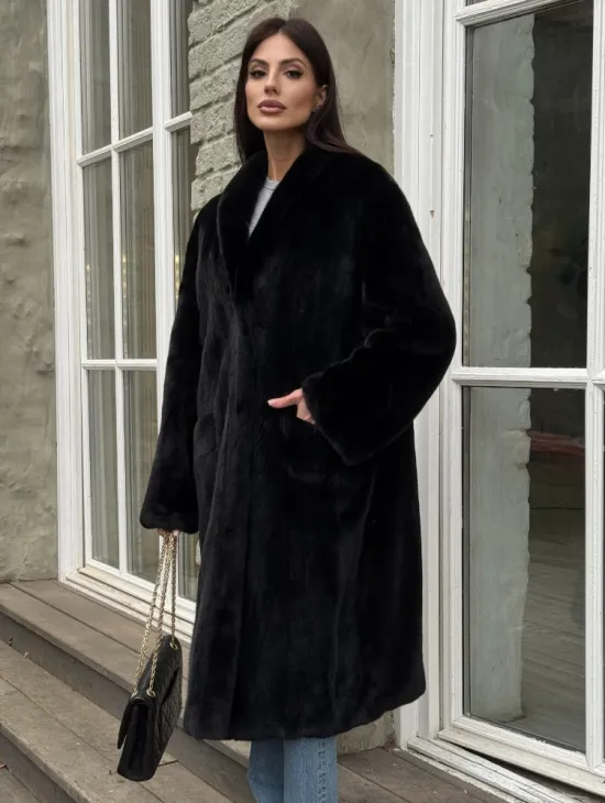 Шуба из норки Black в классической выкладке с воротником стойка-шаль - фото 2