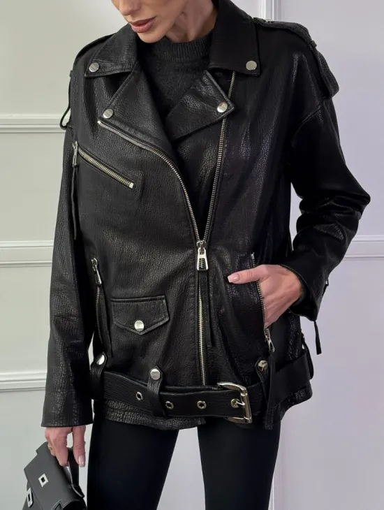 Классическая женская байкерская куртка - косуха из натуральной черной кожи Jumbo - фото 2