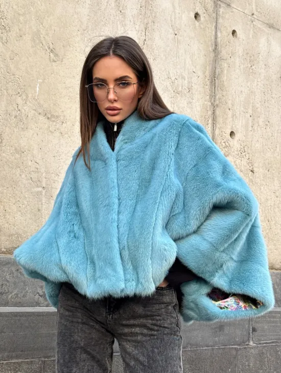 Норковая шуба летучка с V-образным воротником, цвет - тиффани - фото 0