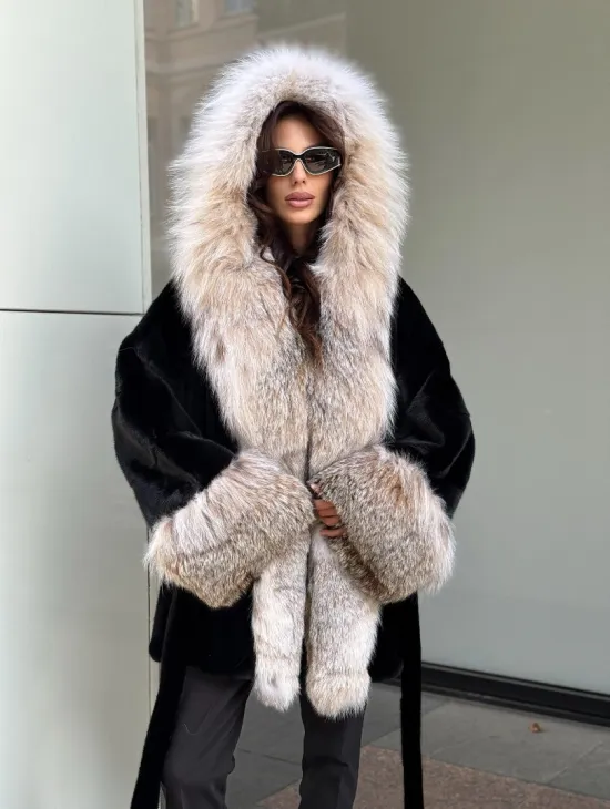 Черная норковая шуба PREMIUM COLLECTION с отделкой из меха канадской рыси - фото 8