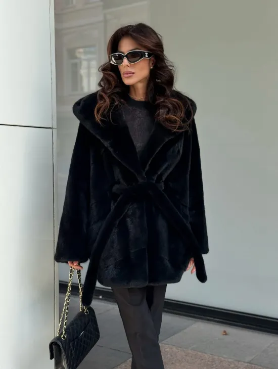 Пончо из норки с капюшоном кобра - черно-синий - фото 9