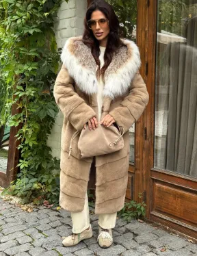 Бежевая норковая шуба с капюшоном рысь - фото 5
