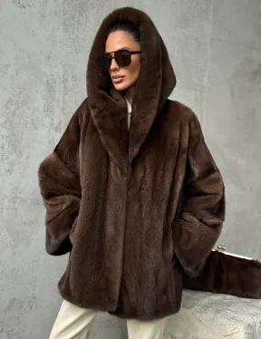 Норковый полушубок с капюшоном - цвет коричневый - фото 7