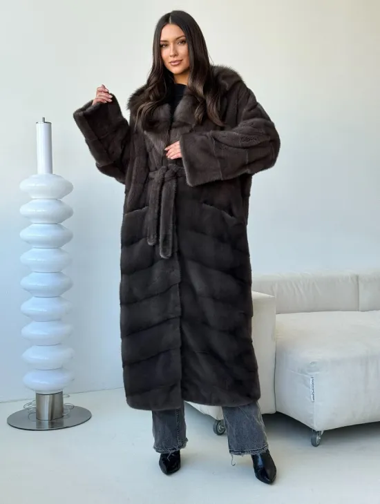 Длинная норковая шуба с капюшоном - графит - фото 8