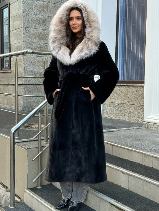 Черная норковая шуба с капюшоном из рыси - фото 6