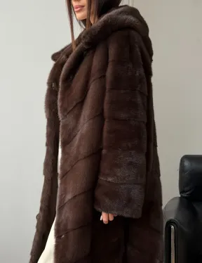 Коричневая норковая шуба с капюшоном - фото 1