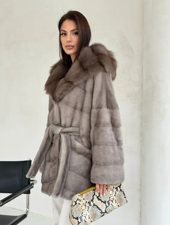 Серый норковый полушубок - капюшон куница - фото 9
