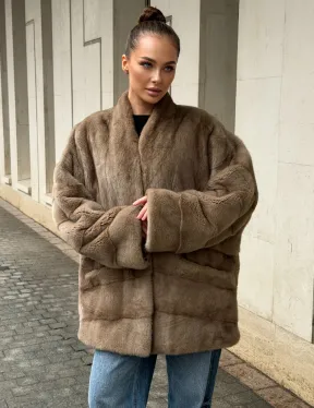 Норковый полушубок пастель V-образный воротник - фото 7