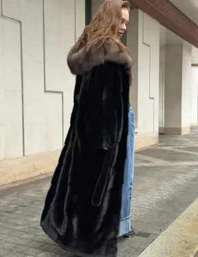 Длинная норковая шуба - кимоно с капюшоном куница - фото 2