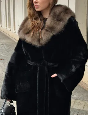 Длинная норковая шуба - кимоно с капюшоном куница - фото 1