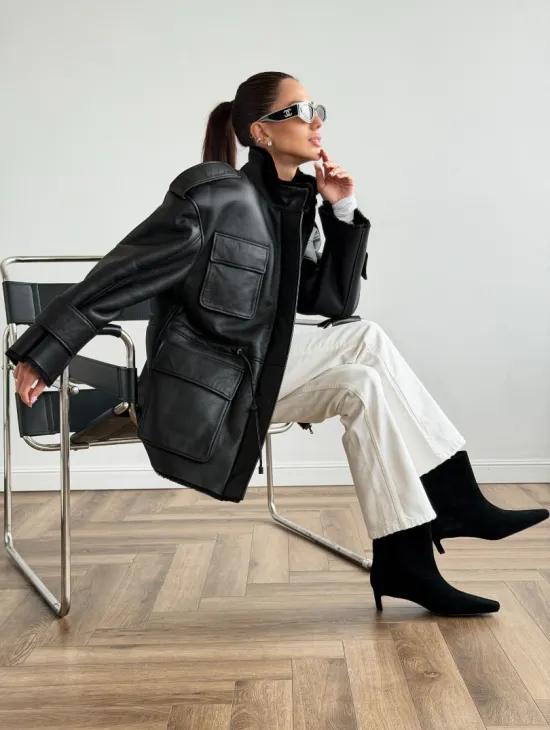 Черная куртка - дубленка из испанского мериноса - фото 9