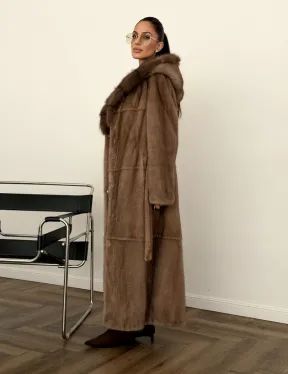 Длинная норковая шуба с капюшоном куница - фото 7