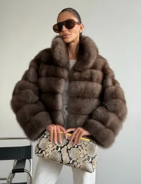 Короткая шуба из куницы - цвет трюфель - фото 8