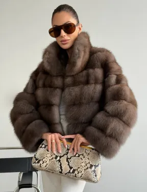 Короткая шуба из куницы - цвет трюфель - фото 5