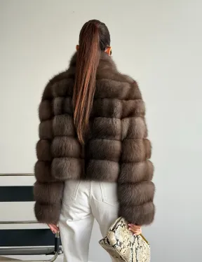 Короткая шуба из куницы - цвет трюфель - фото 12