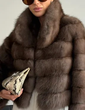 Короткая шуба из куницы - цвет трюфель - фото 2