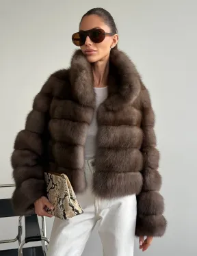 Короткая шуба из куницы - цвет трюфель - фото 6