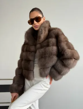 Короткая шуба из куницы - цвет трюфель - фото 11