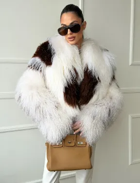 Шубка из ламы бело-коричневая - фото 4