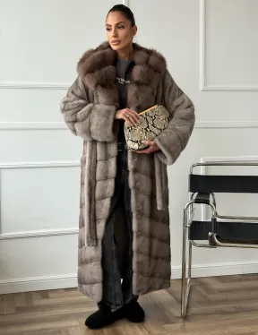 Шуба-кимоно норка в пол с капюшоном куница - фото 8