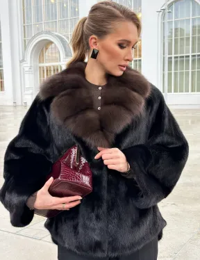 Черный норковый жакет с воротником куницы - фото 5