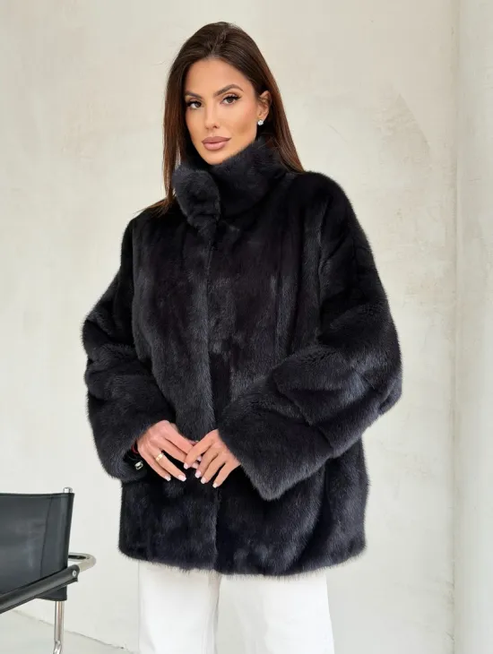 Норковый полушубок графит - стойка воротник - фото 0