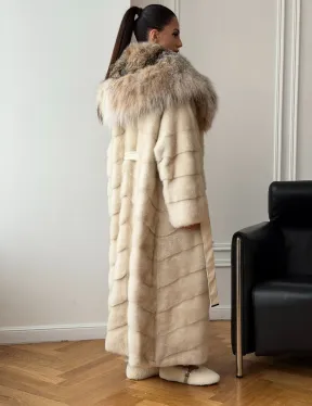 Длинная норковая шуба - капюшон из меха рыси - фото 6