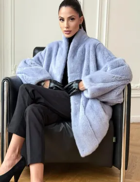 Голубой норковый полушубок - летучая мышь - фото 0