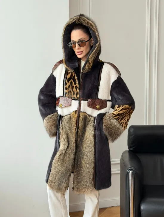 Комбинированная норковая шуба с капюшоном - фото 12
