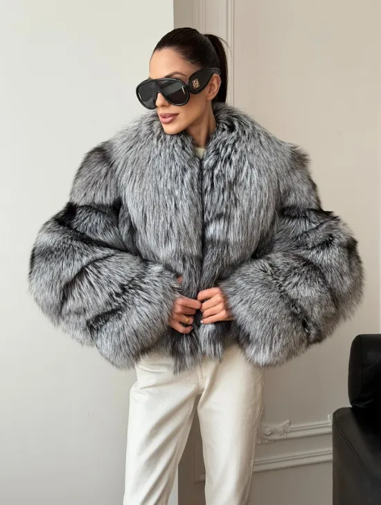 Кроп-полушубок с шалевым воротником из чернобурки - фото 11