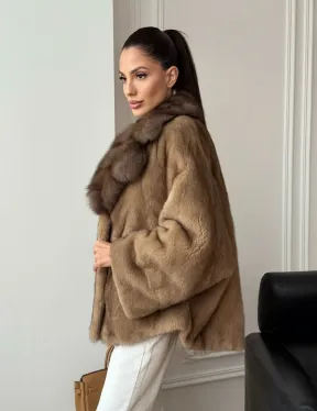 Норковый полушубок с воротником куницы 70 см - фото 11