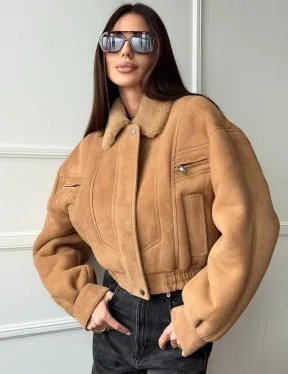 Зимняя женская дубленка - бомбер - фото 6