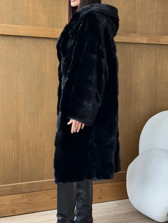 Черная норковая шуба с капюшоном - фото 1