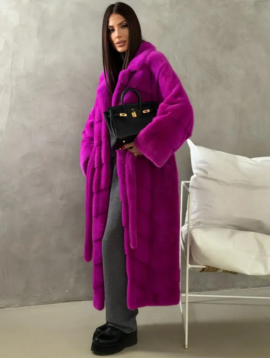 Длинная норковая шуба - цвет фуксия - фото 0