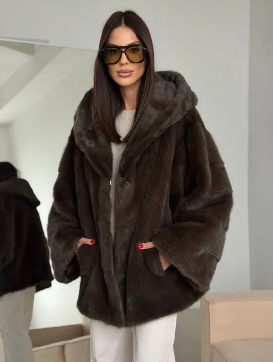 Зимняя норковая шуба с капюшоном - фото 0