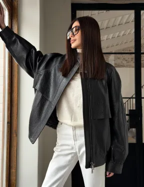 Черная весенняя куртка из кожи Joombo - фото 21