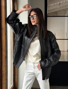 Черная весенняя куртка из кожи Joombo - фото 22