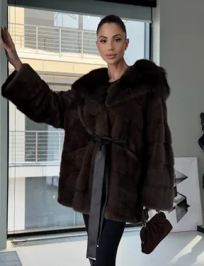 Норковая шуба кимоно с капюшоном куница - фото 16