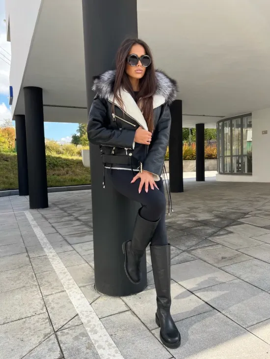 Авиатор из натуральной кожи с воротником из чернобурой лисы - фото 4