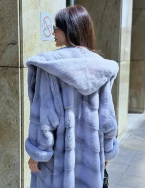 Удлиненная голубая норковая шуба NAFA MINK с капюшоном - фото 2